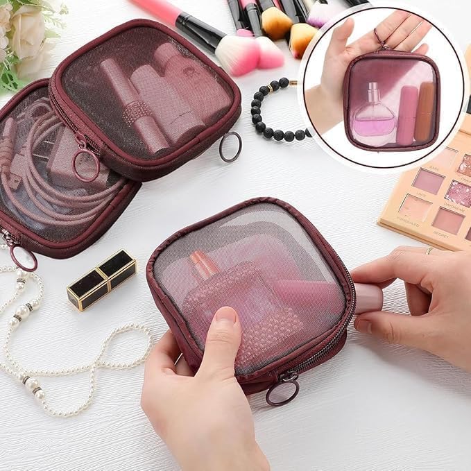 PRUVIA 4pcs Mesh Makeup Pouch Small Zipper Cosmetic Bags for Women 4.7'' Square Fashion Lipstick Pouches for Women, Nylon Mini Cash Toiletry Organizer Bag for Daily Accessories - Wine Red 3