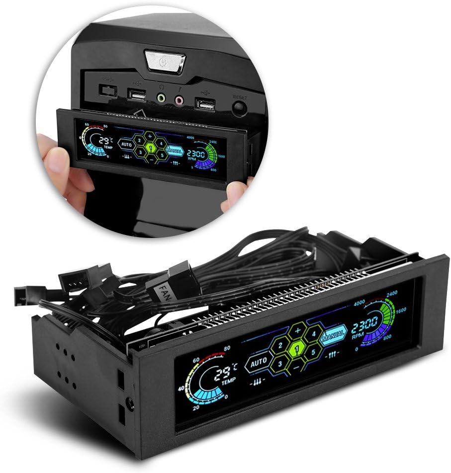 5-Fans Speed Computer Fan Controller CPU Temperature Sensor PC Cooling Fan Controller Front Panel Date Time Temperature Display Drive Bay