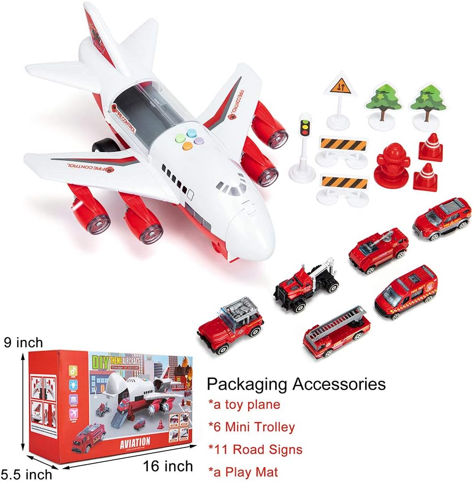 Car Toys Set with Transport Cargo Airplane, Educational Vehicles Fire Fighting Car Set for Kids Toddlers Child Gift for 3 4 5 6 Years Old, Large Play Mat, 6 Trucks Large Plane 11 Road Signs : Toys & Games