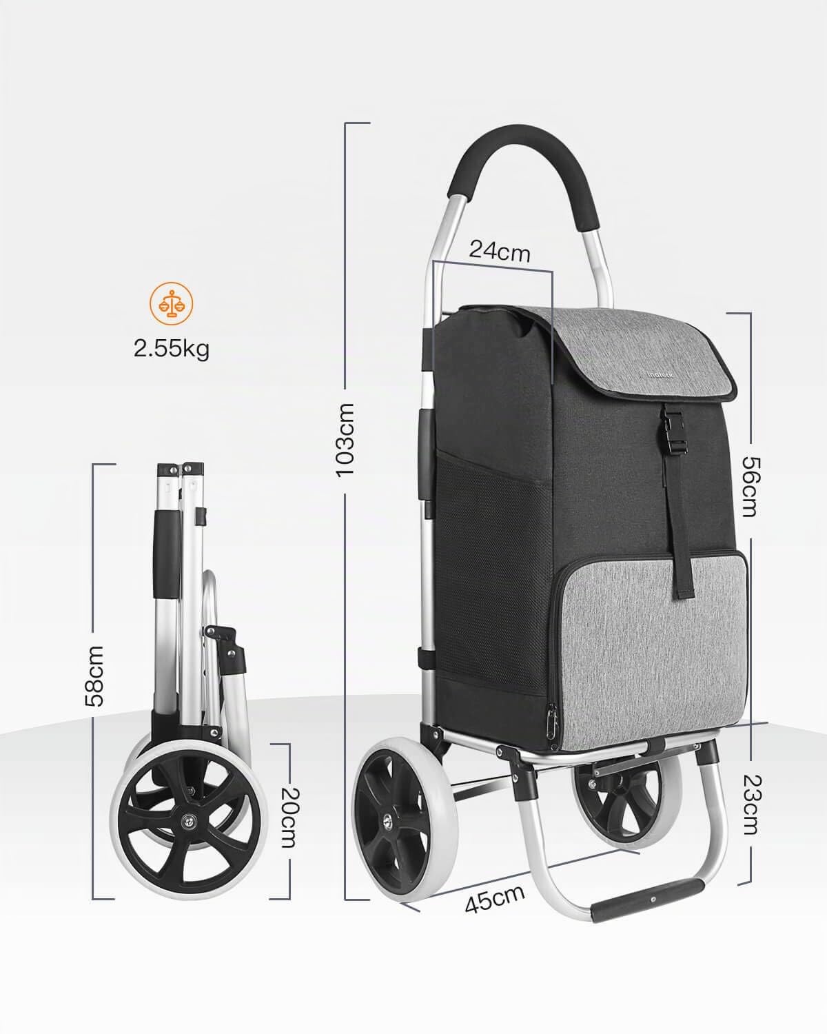 Inateck Chariot de Courses Pliable 41L Grandes Roues Silencieuses Cadre Aluminium Sac Imperméable Isotherme Noir Gris