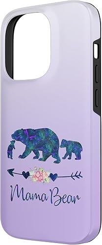 Miniatura 2 de Funda para iPhone 14 Pro, diseño floral de mamá oso y dos cachorros color verde azulado y morado