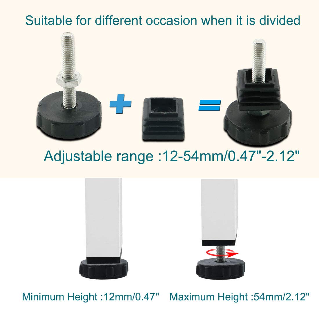Sourcingmap Leveling Feet 25 x 25mm Square Inserts Table Leg Adjustable Leveler 4 Sets, 25x25xM8+40 - Image 3