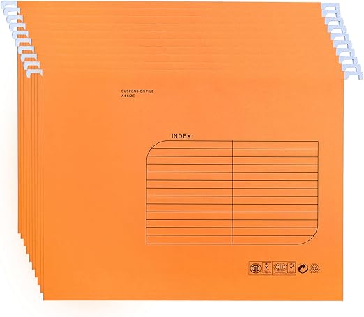 Hanging File Folder, A4 Suspension Files Holder, Hang Folder, Filing Cabinet Suspension File with Tab and Label for School Home Office, Orange, 25 Pack