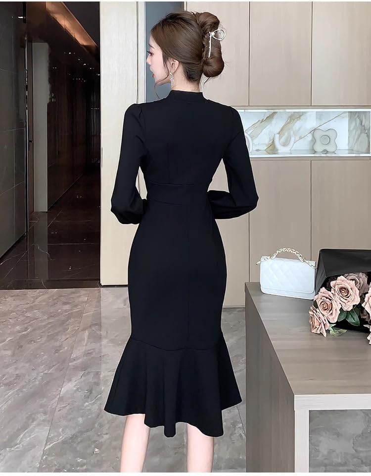 Korean Spring French Temperament Black Fishtail Dress for Women