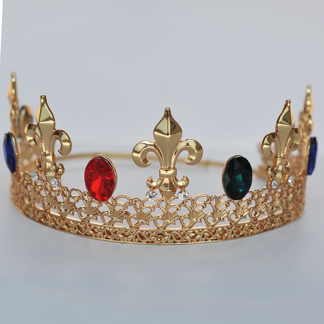 PLDJewelry King Crown for Men Multi Color Rhinestone Crystal Crown Gold Plated Adjustable