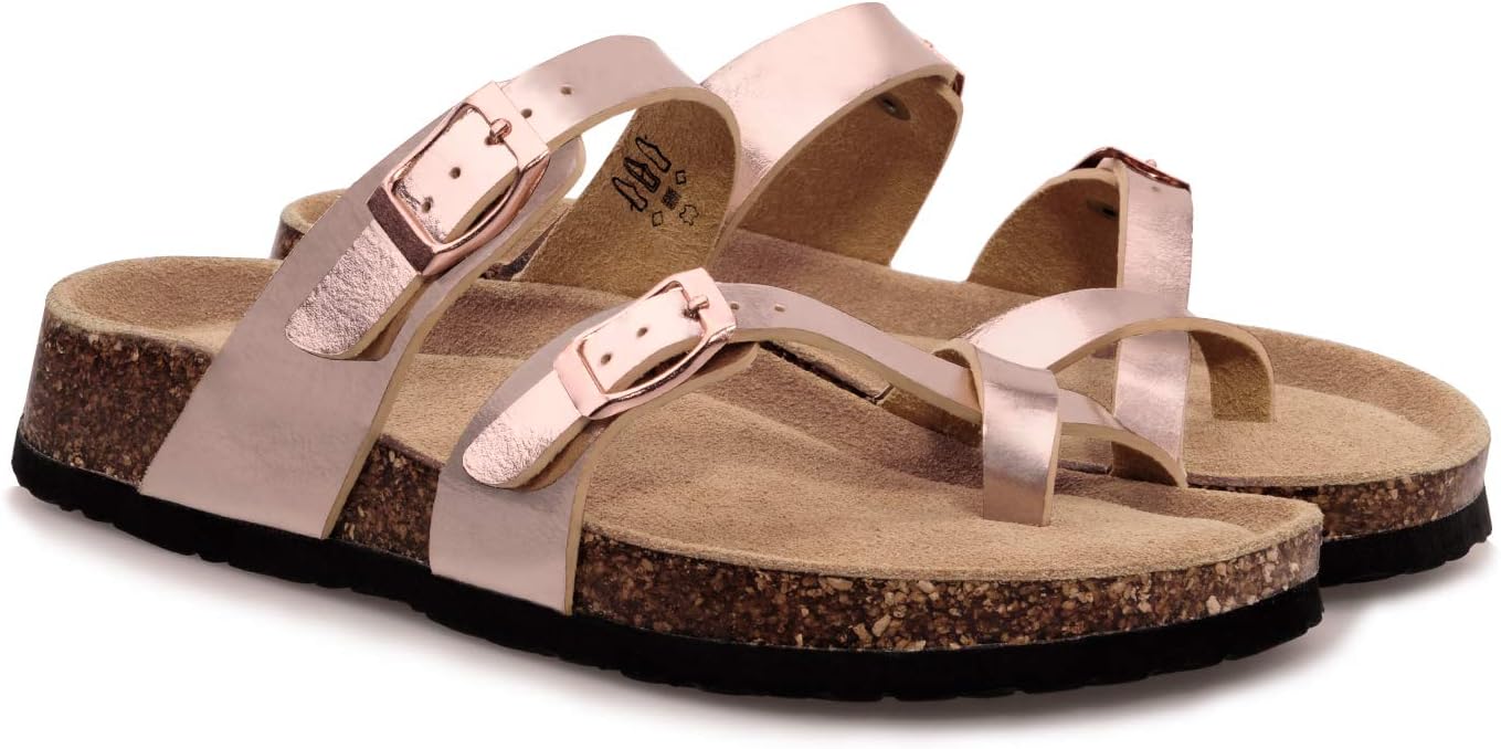 MIXIN Sandals for Women Comfy Slide Flat Cork Footbed Bronze Sandals 9 M