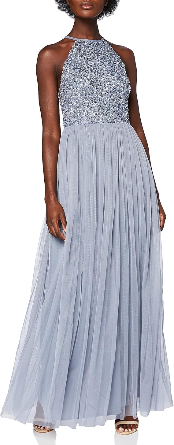 Maya Deluxe Women's Dusty Blue Bridesmaid Maxi Dress Halter Neck Sequin Embellished Prom Graduation Wedding, 10