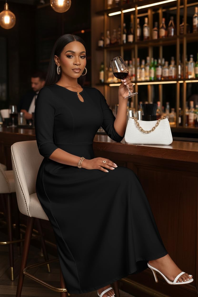 FANDEE Women's Maxi Dress Casual Boho Plain Long Dresses 3/4 Sleeve with Pockets - Image 4