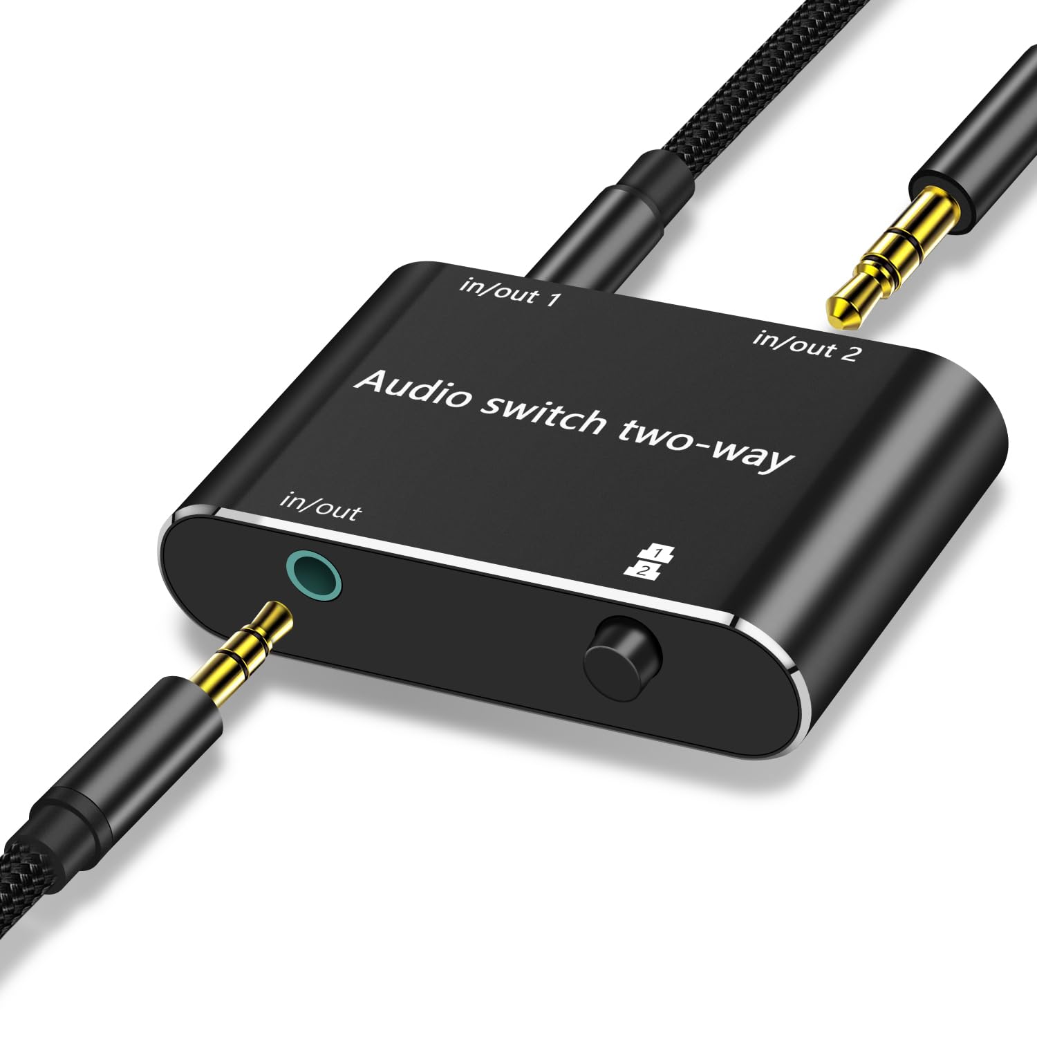 3.5mm Stereo Audio Switcher (1 in 2 Out /2 in 1 Out) 2 Port 3.5mm Aux Audio Switch with 3.5mm Audio Cable for PC Phone Laptop Headphone-Black