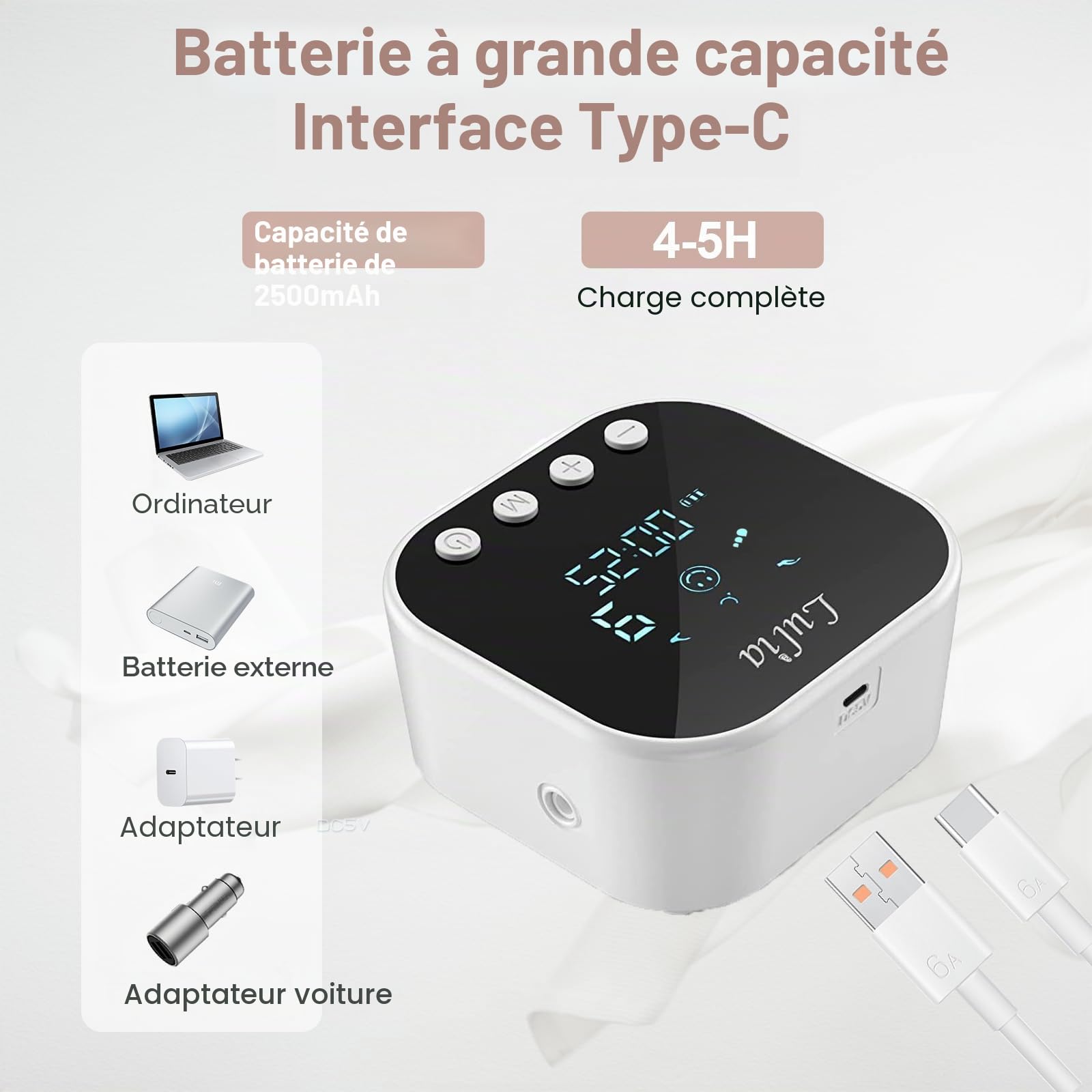 Lulia Tire-lait électrique - 4 modes et 9 niveaux - Anti-retour - Ultra silencieux - Batterie 2500 mAh - Écran LED - Sans BPA - Blanc
