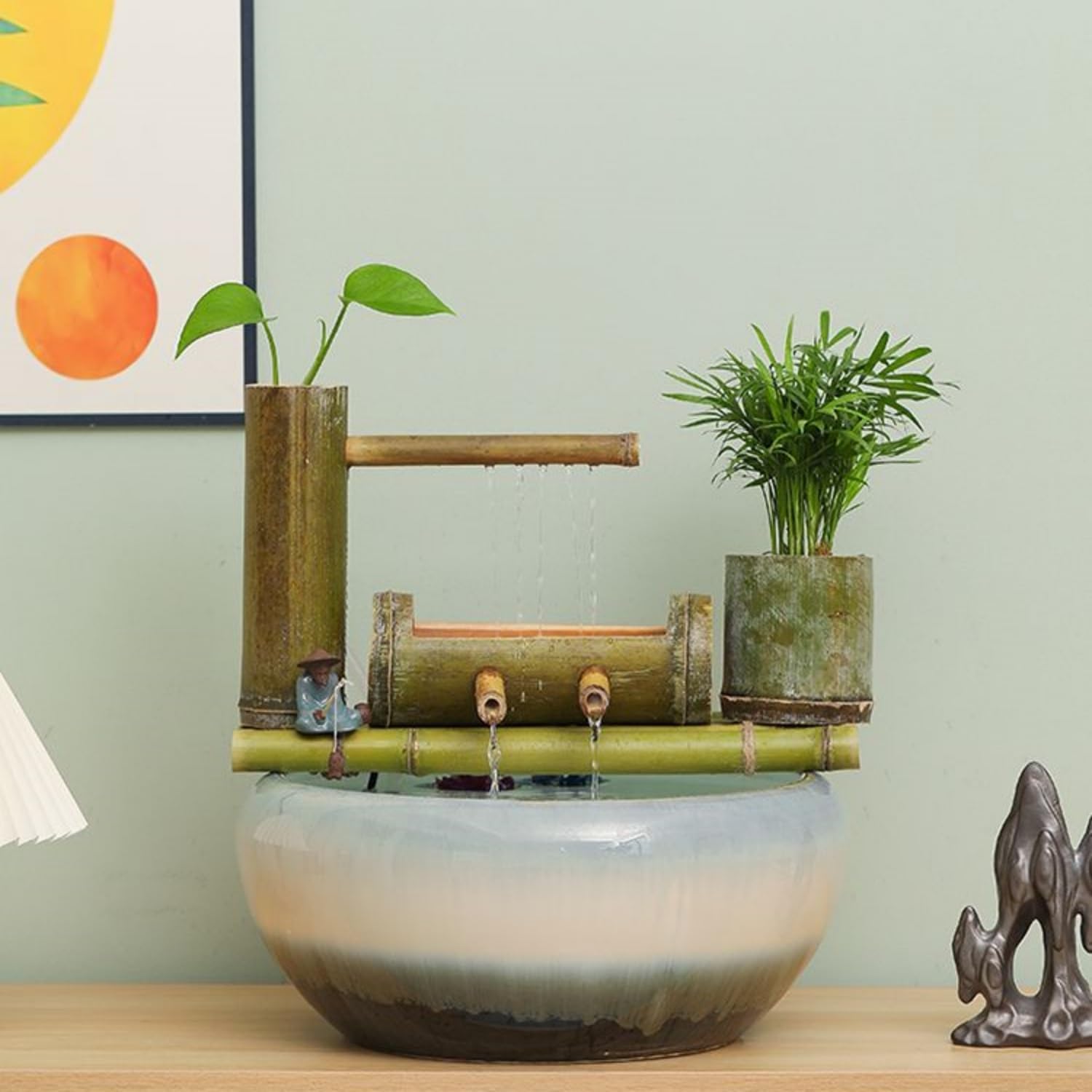 Indoor Outdoor Bamboo Water Fountain, 28 Inch Tall, Electric Powered Fountain Japanese Garden Waterfall Nozzle Outdoor 100% Handmade，Natural Green