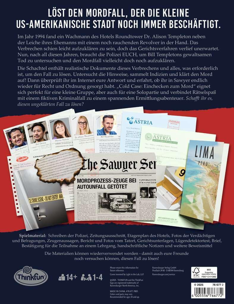 ThinkFun Cold Case: Einchecken zum Mord - Kombinationsspiel ab 14 Jahre: Ein Krimi-Rätsel für 1 Person oder in der Gruppe!