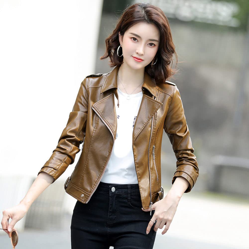 Chaqueta Moto Mujer,Chaqueta De Piel Sintética Para Mujer, Color Marrón, Solapa Recortada, Bolsillo Con Cremallera, Túnica, Hebilla, Punk, Manga Larga, Ajustado, Motociclista, Pu, ​​Abrigo, Bom