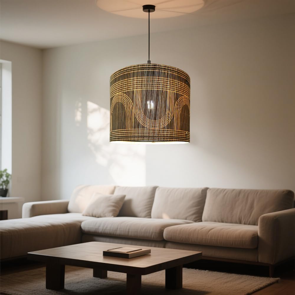 Rustic lamp Shade Bamboo with Decorative Green Geometric Figure Drum lamp shade for table lamps and floor lamps Ideal for Living Room Bedroom Groovy Easy Assemble Size 11.8 * 9.05Inch (Art Deco A)