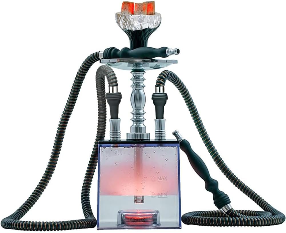 2 hose hookah set with travel case cleaning brush, asanma micro cube acrylic hookah with silicone bowl coal tongs magical remote led light for better shisha narguile smoking