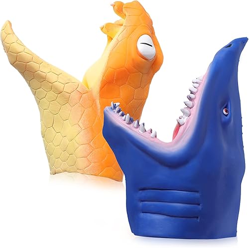 Miniatura 1 de NUOBESTY 2 marionetas de mano de tiburón, serpiente, marioneta de mano de goma suave, marionetas realistas de cabeza de animal para niños, narración