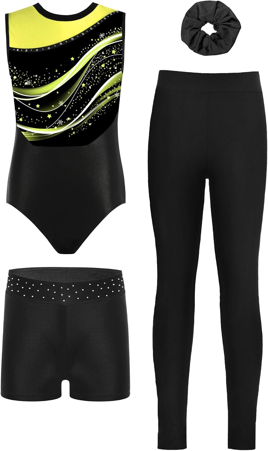 Kids Girls Gymnastics Dance Outfit Sleeveless Athletic Unitard Ballet Leotard with Shorts Leggings Hairband Fluorescent Yellow 14 Years