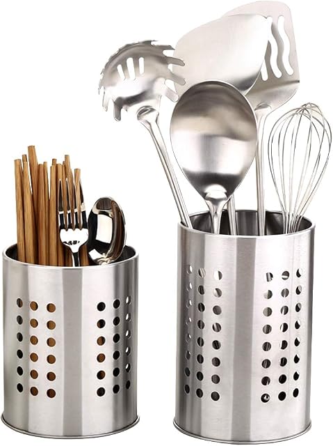 2 Pcs Kitchen Stainless Steel Cooking Utensil Holder, Stainless Steel Rust Proof Large Kitchen Utensil Organizer Flatware Caddy for Organize Drawers and Countertops for All Kitchens