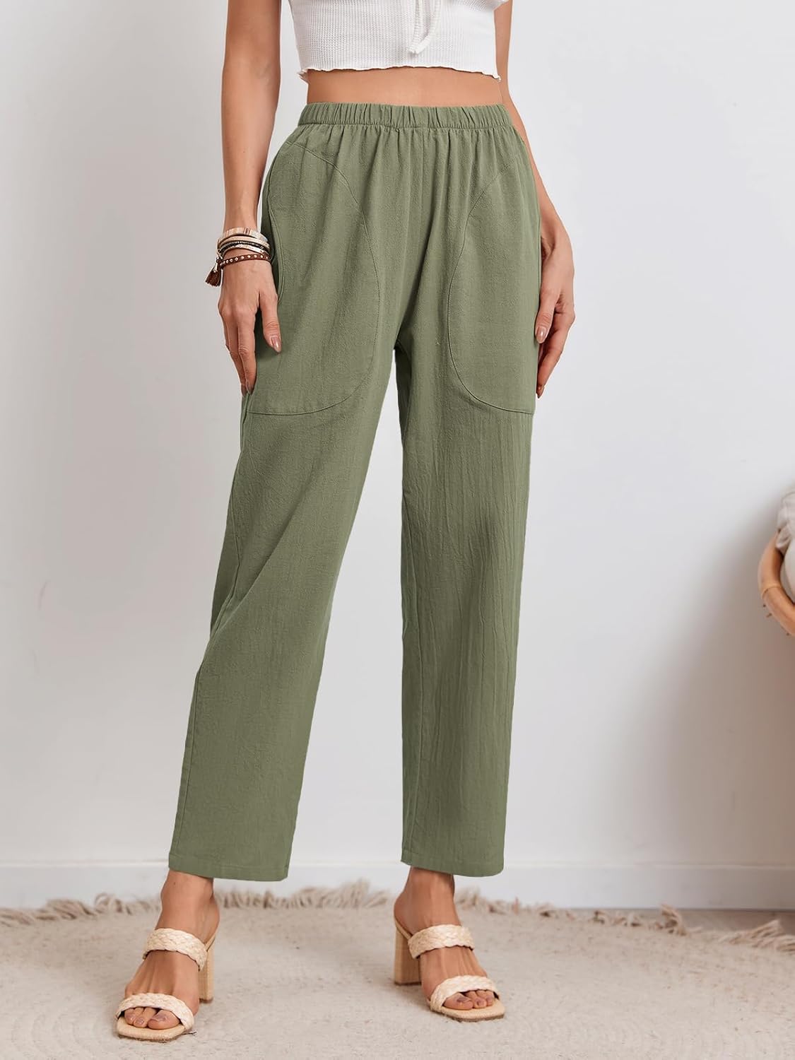 Langwyqu Womens Casual Cotton Tapered Capri Cargo Pants Loose Elastic Waist Ankle Cropped Trouser with Pockets - Image 3