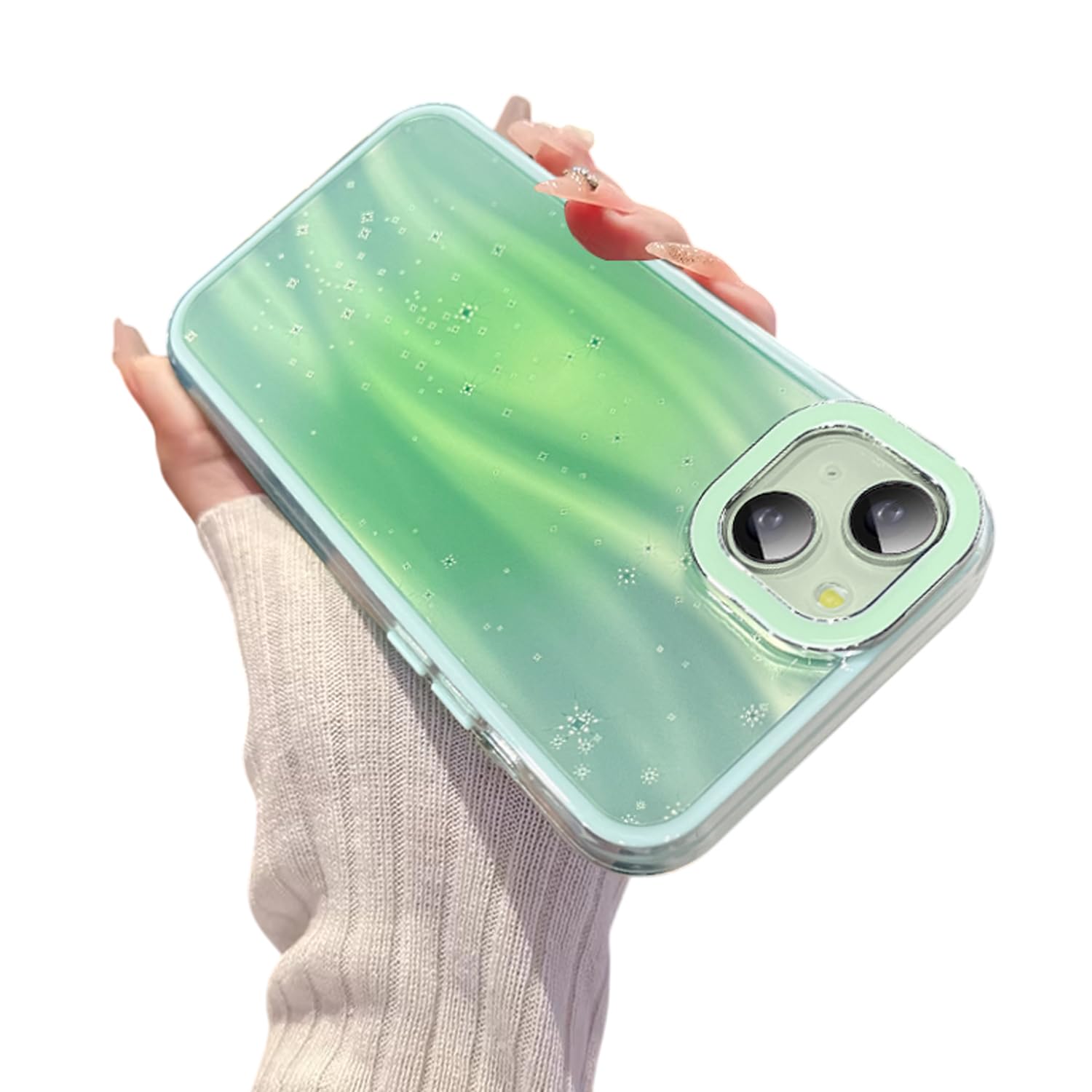 VONZEE Compatible for iPhone 15 Plus 6.7'' Case Bling Star Gradient Shiny Colorful Case with Full Camera Protection Shockproof Case PC+TPU Glossy Shiny Cover for Girls Women,Green