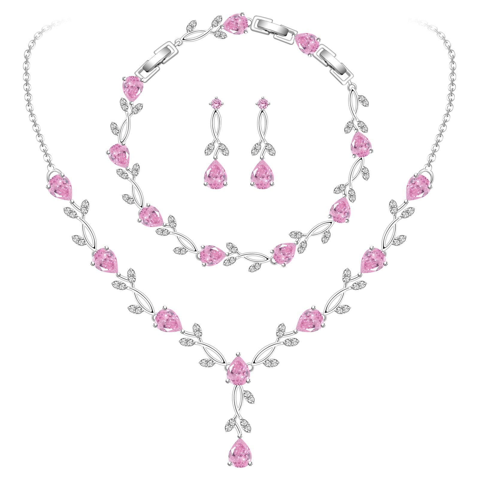 GZWHD Wedding Jewelry Sets for Bride Bridesmaid Women Cubic Zirconia Necklace Earrings Bracelet Set Gift for Mother Friend Wife Daughter Sister Party Prom Jewelry