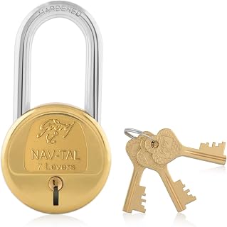 Godrej Locks I Navtal 7 levers 65 mm I 3 Keys I Long Hardened Shackles I for Padlock for Main Door I Gate Lock I Tool Box, Shutters, Shops & Offices I Brass Finish 1 Year Warranty