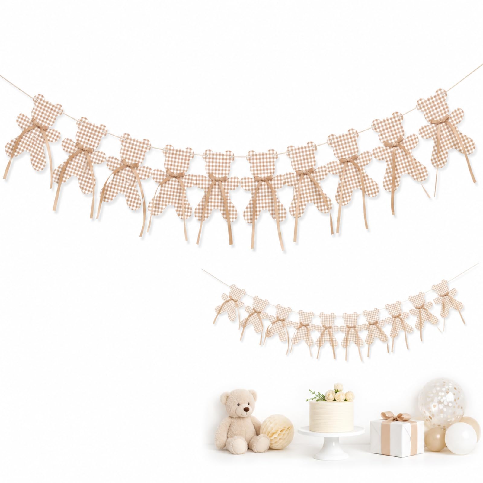 We Can Bearly Wait Baby Shower Banner, Hanging Neutral Gingham Design, Bow Plaid Style Teddy Bear Gender Reveal Themed Party Decorations for Beary Theme Birthday Party Nursery Bunting Decor