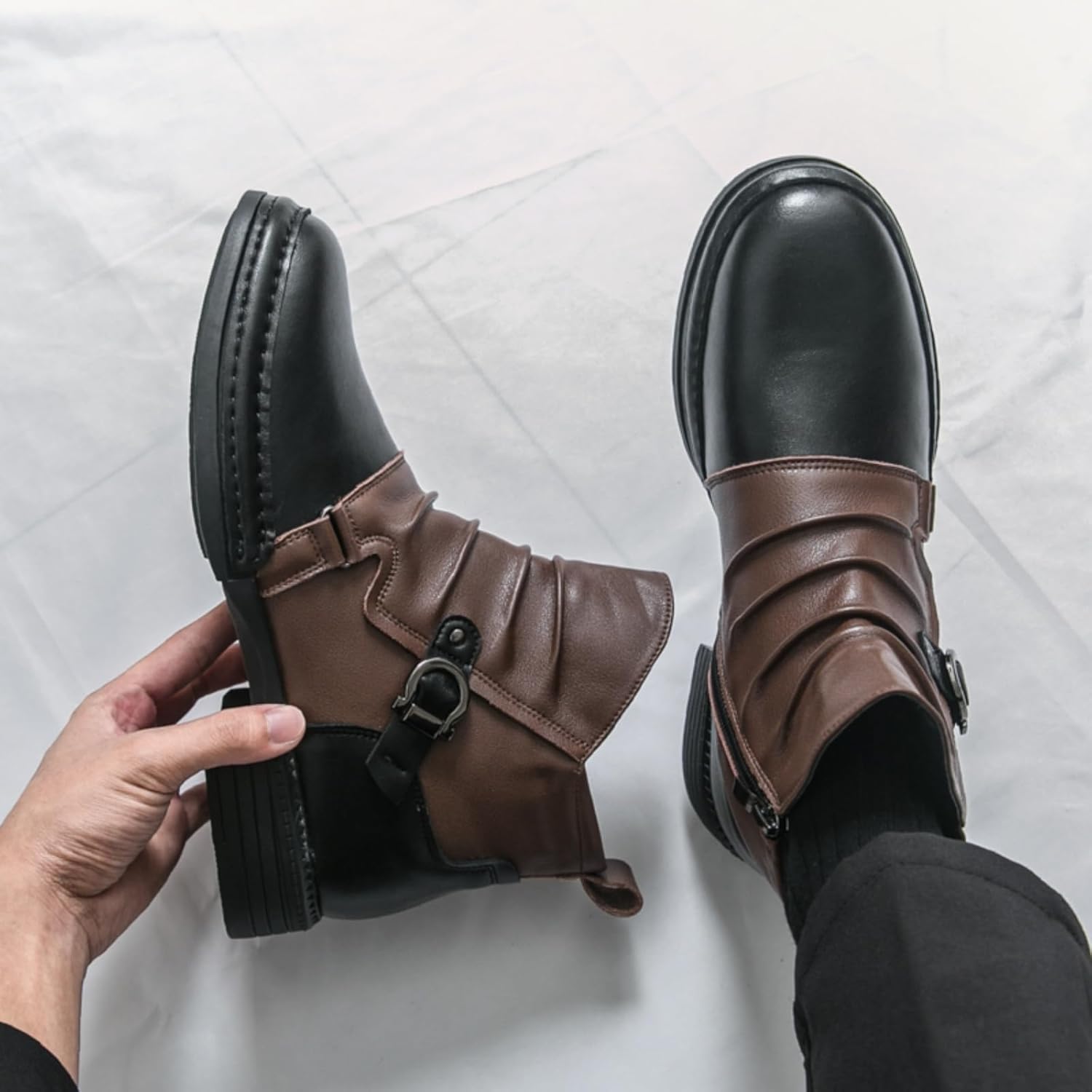 Men's Two Tone Patchwork wrinkled leather High-Top Pull On Chelsea boots with Side Zipper Round Toe Low Chunky Heel Non-Slip Casual Shoes for Y2K Motorcycle Walking Party Dating Prom Daily Wear