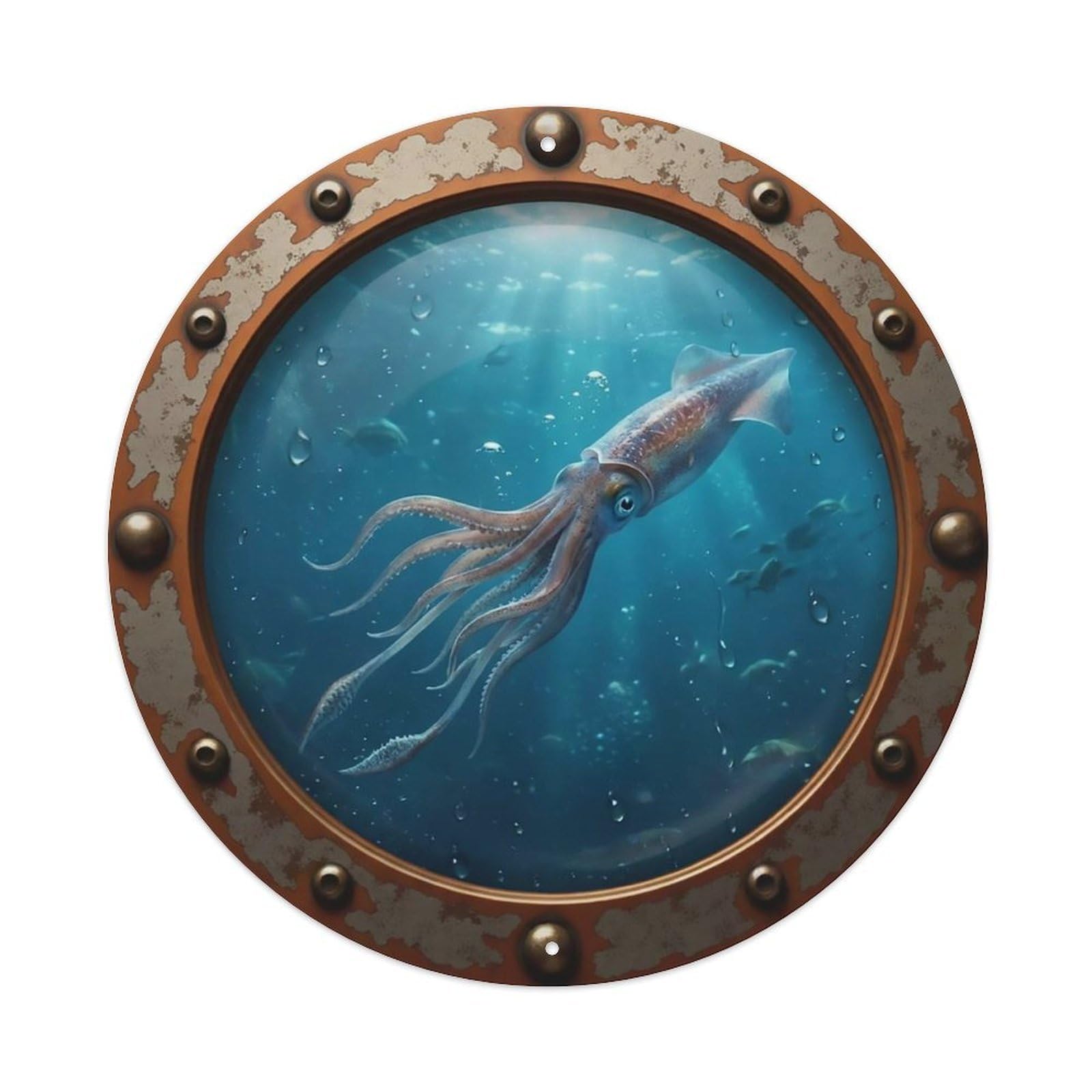 Odgynaw 8X8inch(20X20cm) Vintage Porthole Squid Nautical Window View Metal Tin Sign