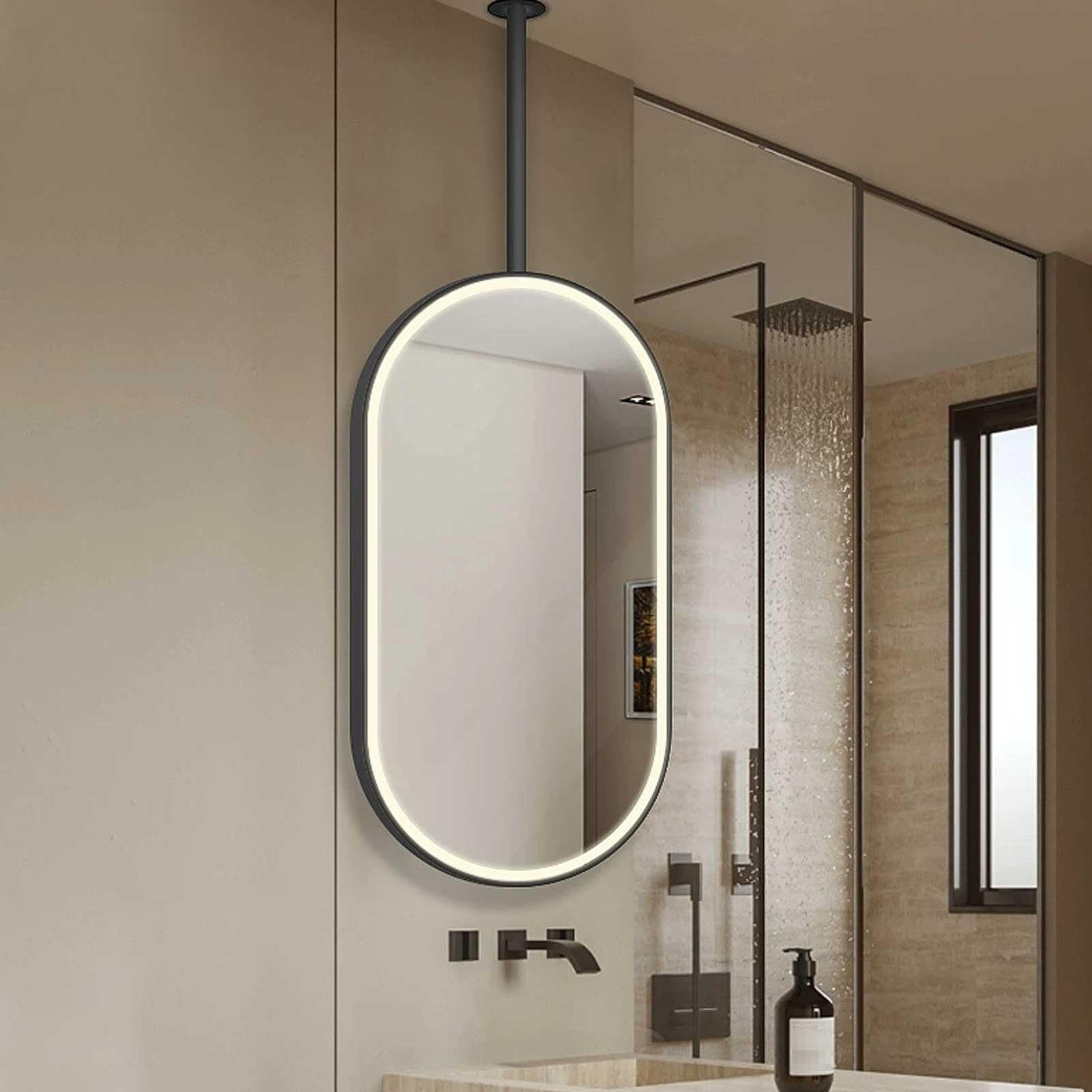 Qicbying One Color Bathroom Mirror With Led Lights, Ceiling Hanging Mirror With Led Light, Hd Glass Mirrors 3-Color Dimmable Lights, Metal Framed Decorative Oval Vanity Mirrors(50X80cm)