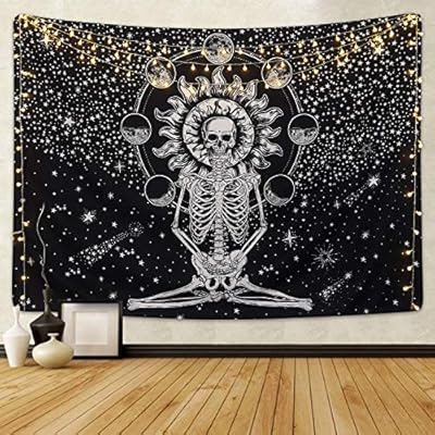 Skull Tapestry Meditation Skeleton Tapestry Chakra Tapestry Starry Tapestry Black and White Stars Tapestry for Room