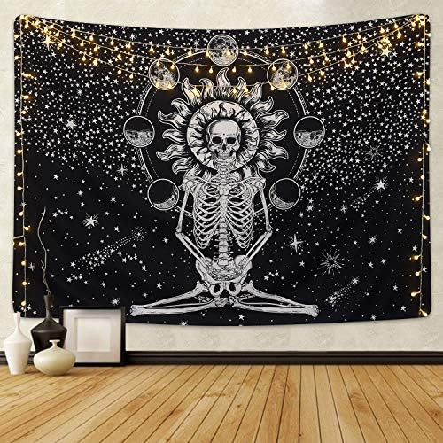Krelymics Skull Tapestry Meditation Skeleton Tapestry Chakra Tapestry Starry Tapestry Black and White Stars Tapestry for Room(51.2 x 59.1 inches)