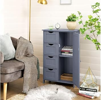 Bathroom Floor Cabinet Cupboard Free Standing Wooden Cabinet Storage Unit with 4 Drawers & 1 Door, Adjustable Shelf, Grey