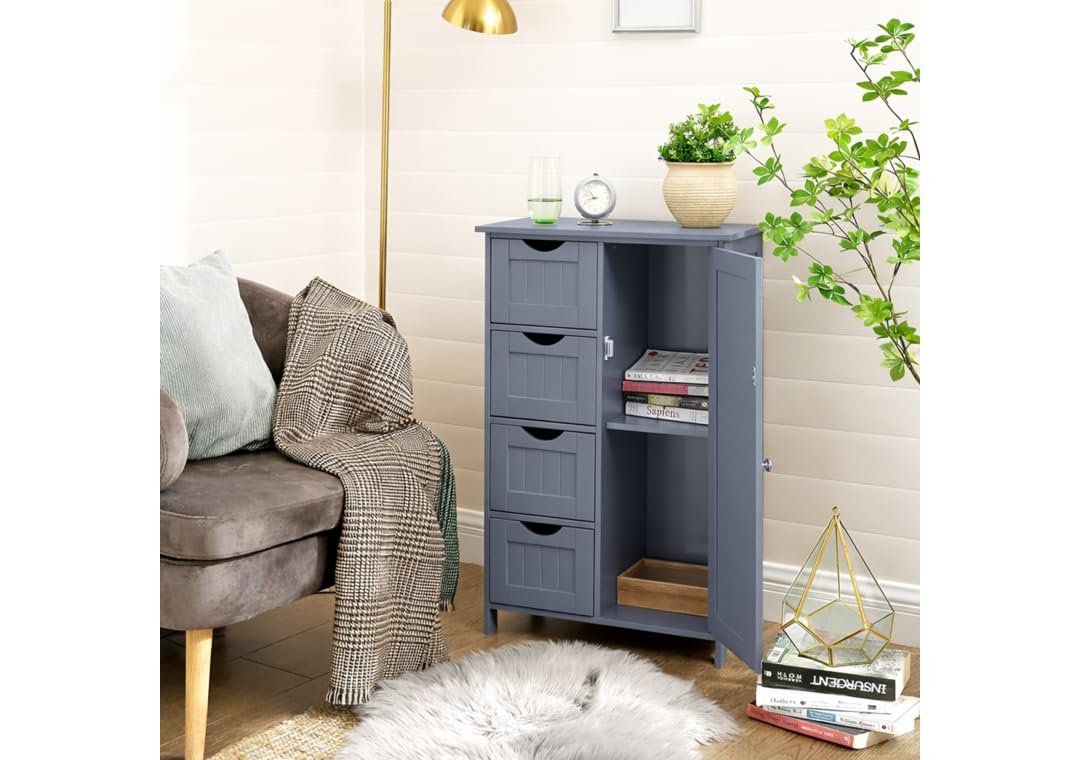Bathroom Floor Cabinet Cupboard Free Standing Wooden Cabinet Storage Unit with 4 Drawers & 1 Door, Adjustable Shelf, Grey