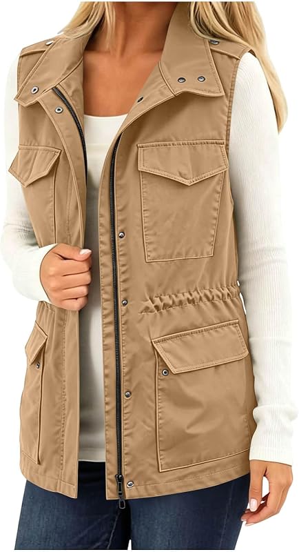 Chaleco utilitario con cordón y cintura para mujer campera militar sin mangas