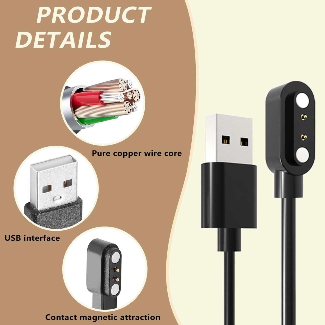 PER SMARTWATCH MAGNETICO Caricatore 2 Pin 2.84 Mm, Cavo Di Ricarica USB