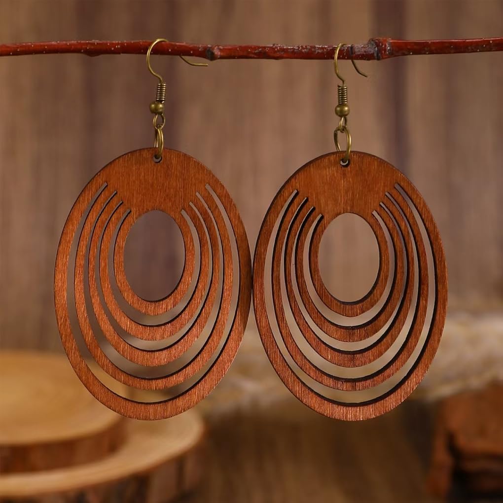 Boho Wood Earrings Handmade Round Dangle Drop Earrings for Women Vintage Lightweight Ethnic Hook Statement Jewelry - Image 4
