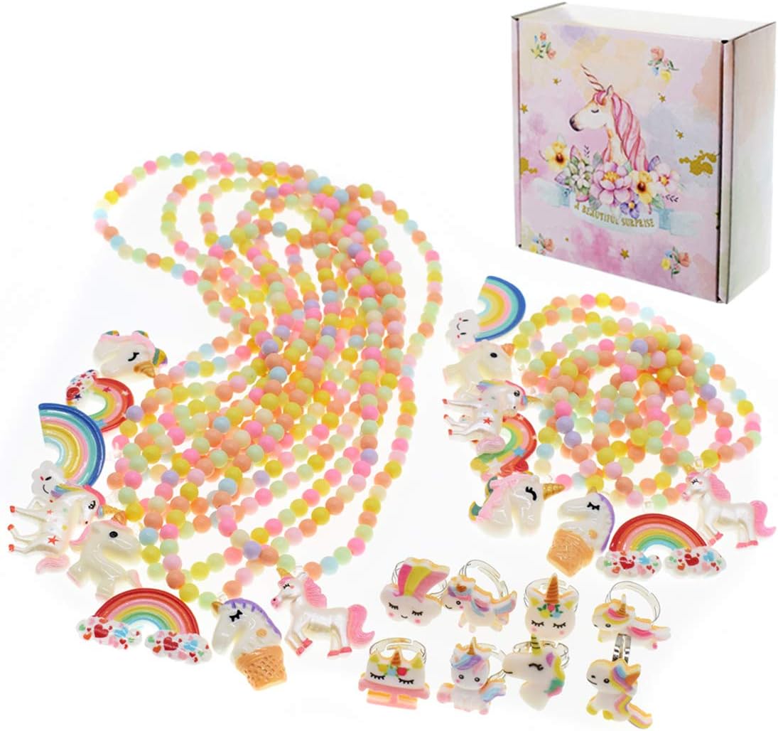 ShaqMars 24 Pcs Girl Princess Necklace Bracelet and Rings with Colorful Unicorn Rainbow Pendant Kids Stretchy Chunky Costume Jewelry Gift Party Favors Dress up Jewelry for Little Girl Toddler : Toys & Games