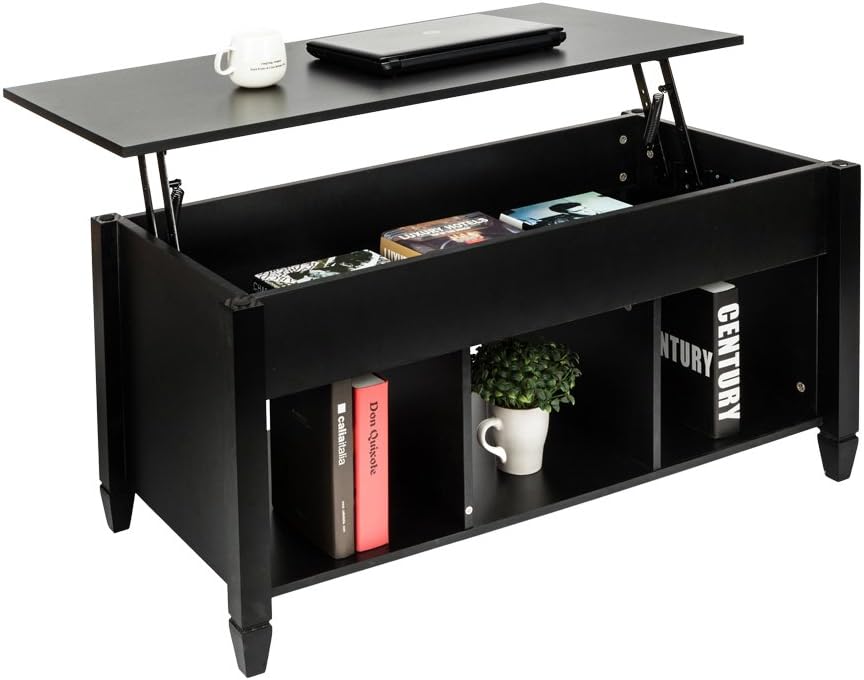 MTFYAdjustable Lift Top Coffee Table,Wood Modern Furniture Lift Top Storage Coffee Table w/Hidden Storage Compartment and Lower Shelf for Living Room (Black)