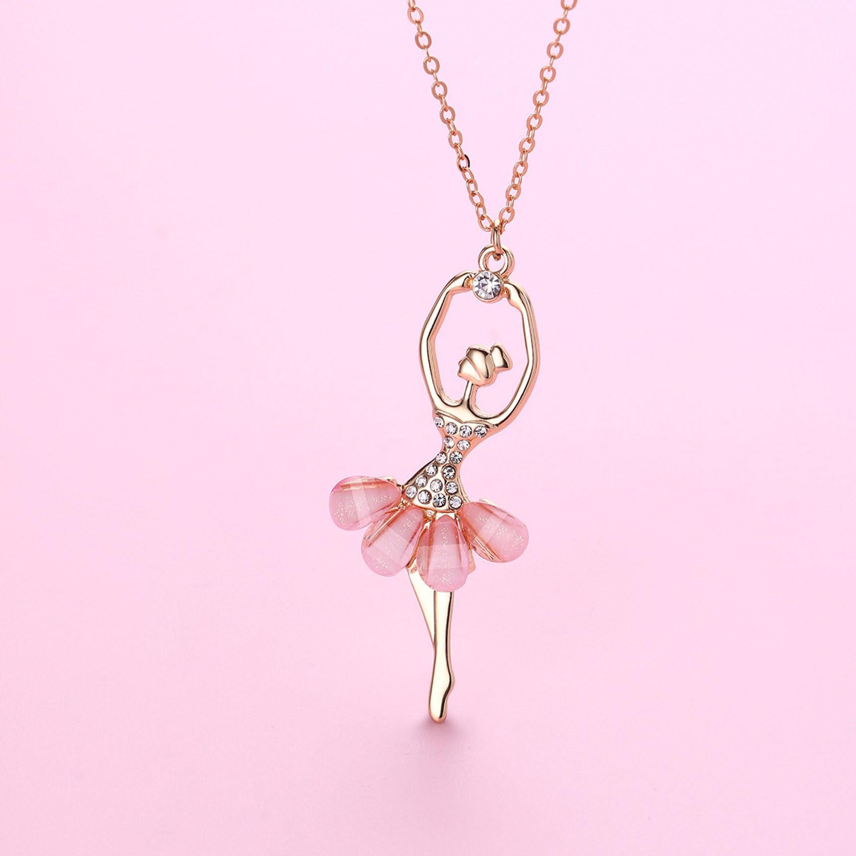 CERSLIMO Girls Necklaces - A Girl Dancing Ballet Dainty Necklace with White Cubic Zirconia & Pink Petal Skirt, Elegant Cute Necklace for Girls Kids Jewellery Gifts Birthday Christmas
