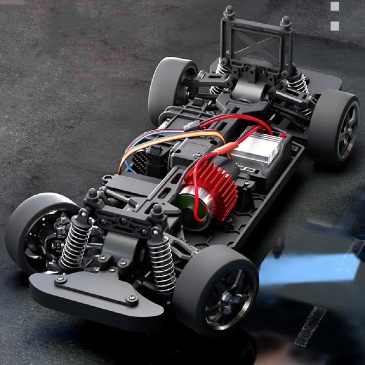 Underside view of the RC car chassis