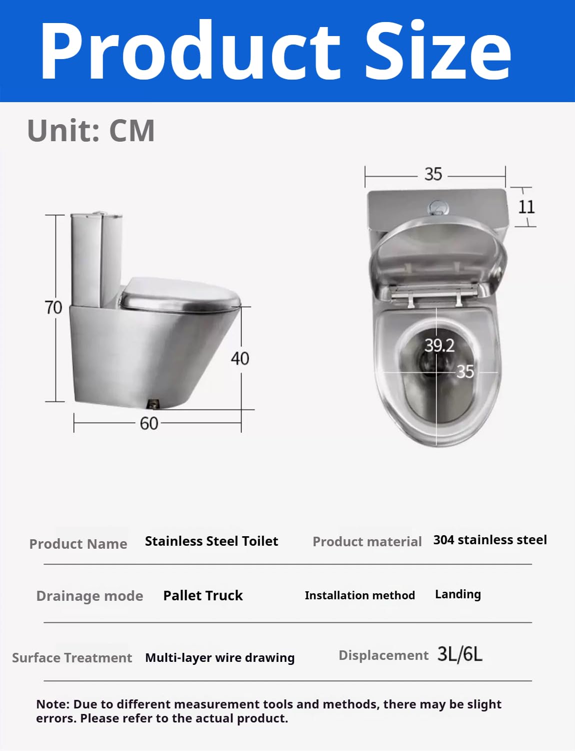 Inodoro comercial de doble descarga de acero inoxidable 304 con tapa, ahorro de agua y resistente a la congelación para baño