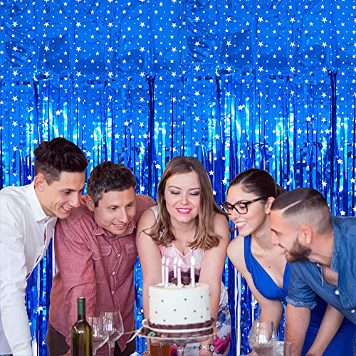 Image of TONIFUL 2Pcs Blue Metallic Tinsel Foil Fringe Curtains with Star,Blue Photo Booth Backdrop Streamer Curtain Photo Booth Props for Bachelorette Party,Birthday,Halloween,Christmas Decor(6.6ft x 6.6ft)