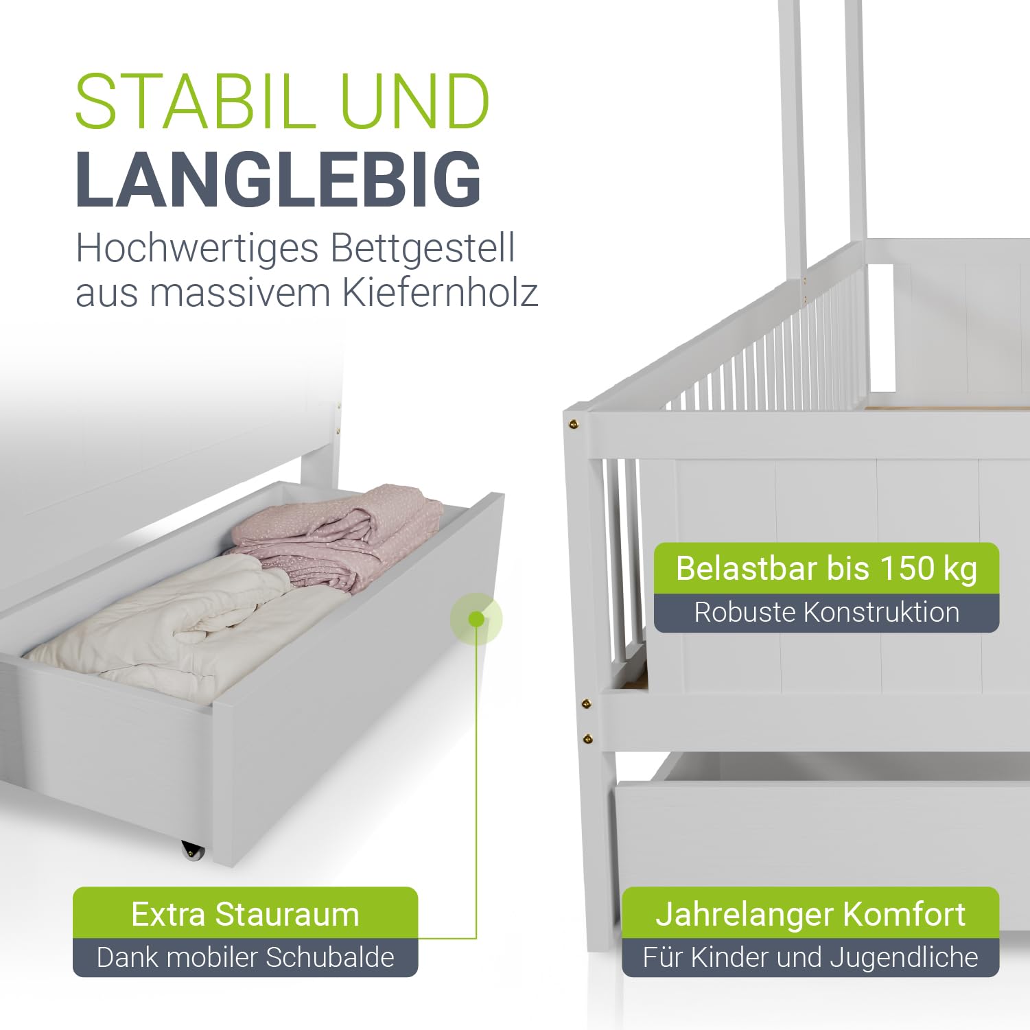 Juskys Kinderbett Yari 90x200 cm - Einzelbett mit Schreibtisch & Schublade, Kiefernholz & Langlebige Materialien, Verspieltes Haus-Design - Weiß