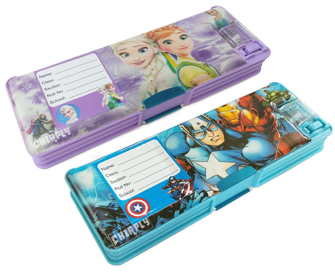 CHIRPLY Multipurpose Magnetic Pencil Box with Dual Sharpener for Boys & Girls for School, Big Size Cartoon Printed Pencil Case for Kids Birthday Gift (Pack of 2, Purple & Blue) (B0C4Z1YVXN) Amazon Price History, Amazon Price Tracker