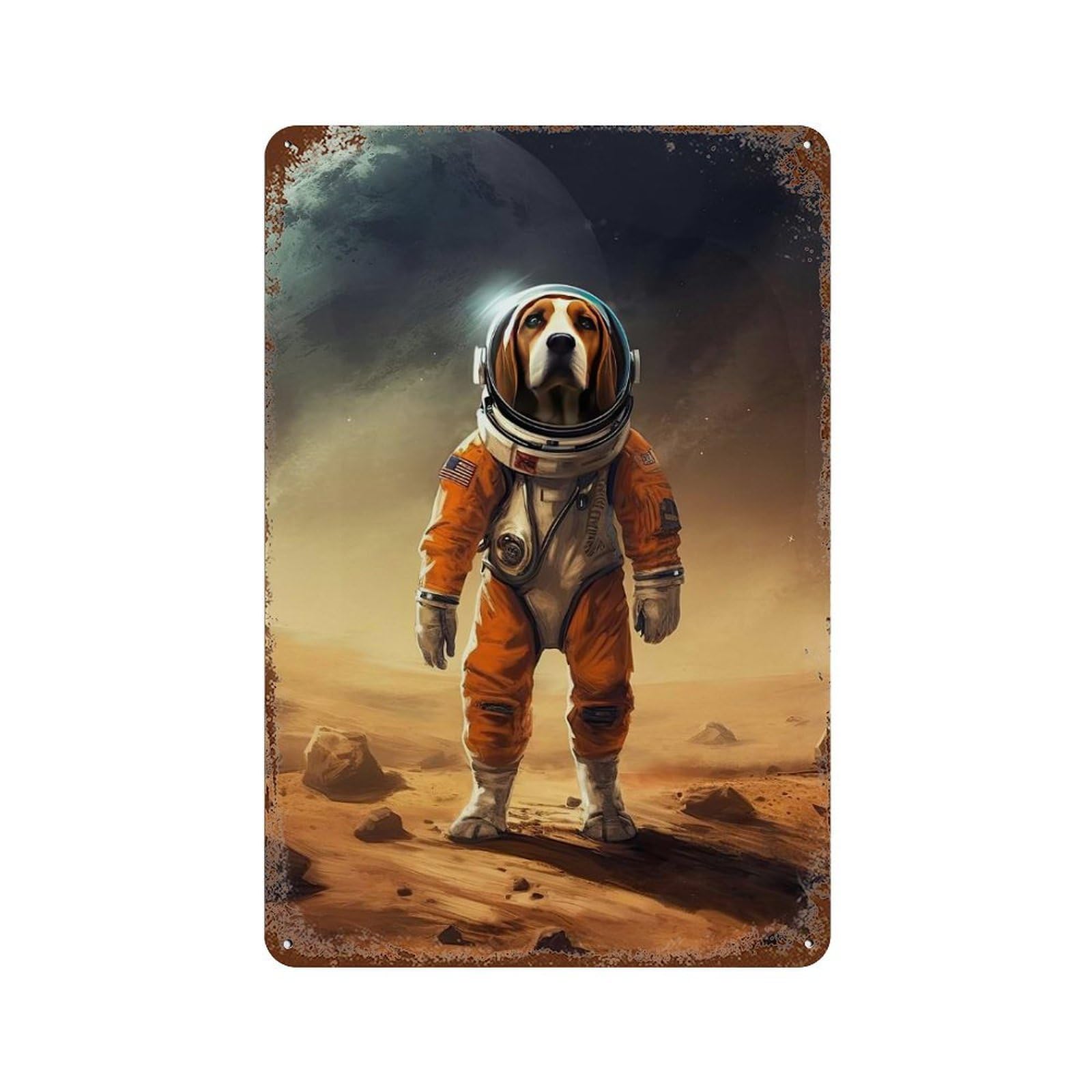 Beagle Mars 11.8"x7.9" Rust Effect Tin Sign, Decorative Metal Wall Art for Garage, Bar And Workshop Decor
