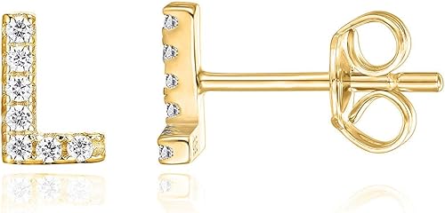 PAVOI Aretes de plata de ley 925 chapados en oro de 14 quilates con circonita cúbica con letra inicial para mujer Aretes de letras del alfabeto de