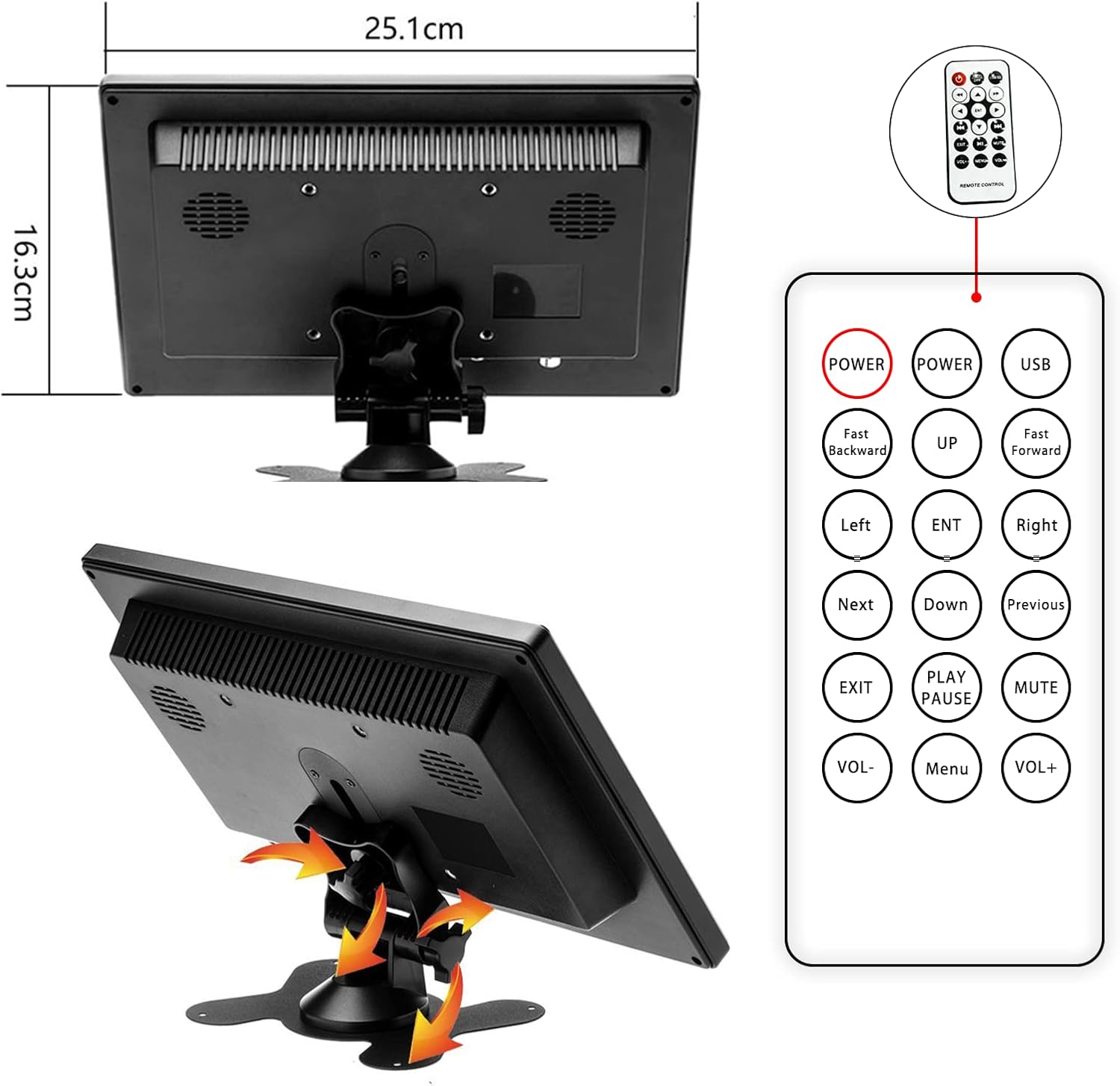 Atzekoa view of CAMECHO 10.1-inch monitor showing Power, VGA, HDMI, AV (RCA), USB, and BNC ports.