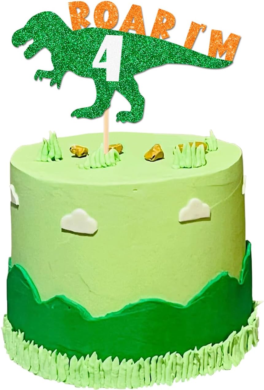 4th Birthday Dinosaur Cake Topper, Roar I'm 4 Glitter T-Rex Theme for Dino Parties