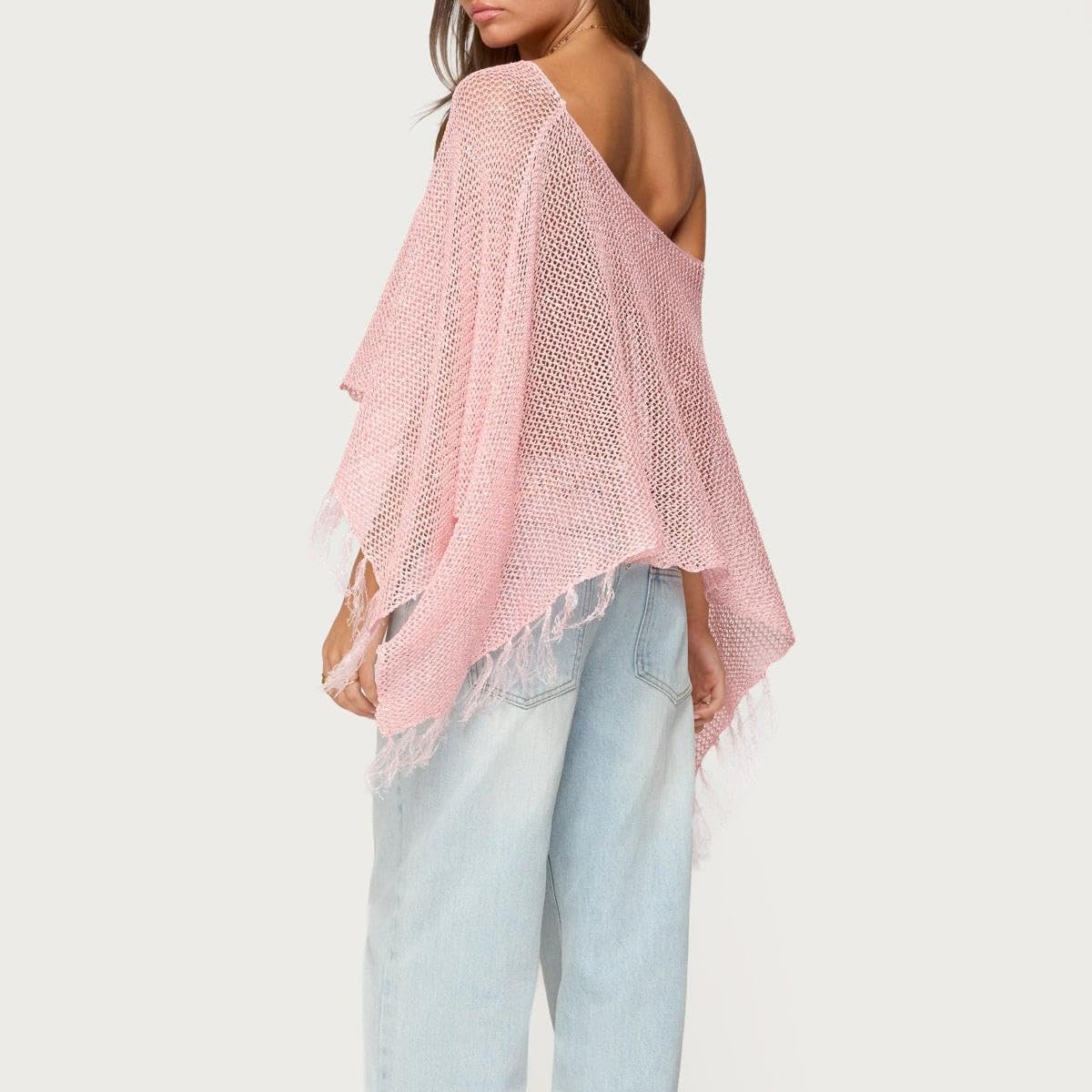 Women Sheer Poncho Fringe Crochet Top Beach Cover Up One Shoulder Glitter Shrug Shawl Summer Top - Image 4